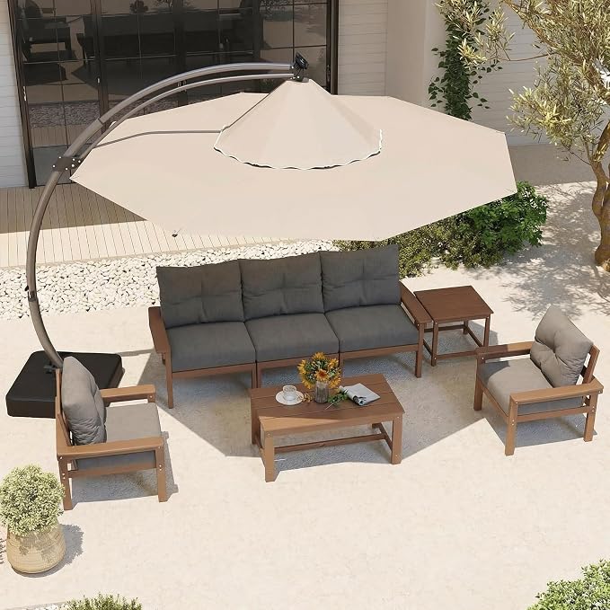 Teak HDPE Outdoor Patio Furniture Set, 10-Piece Patio Conversation Sets with Coffee Table & Washable Thick Cushions, Outdoor Sofa for Garden, Balcony, Porch, Yard, Lawn, Poolside