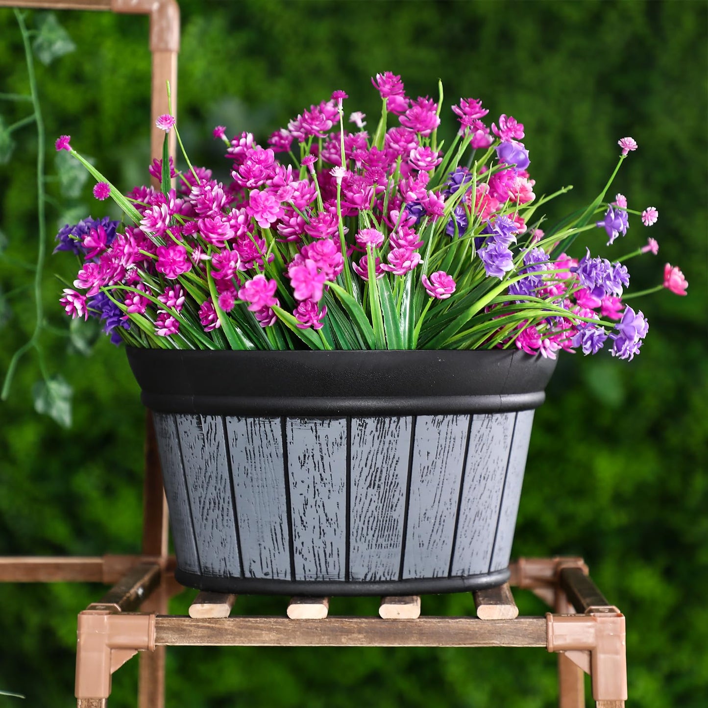 Layhit 6 Pcs Wall Hanging Planters Outdoor Pot Planter Wine Barrel Planter Distressed Oak Thickened Plastic Water Storage Flower Pots for Flower Indoor Outdoor(10 Inches,Black)