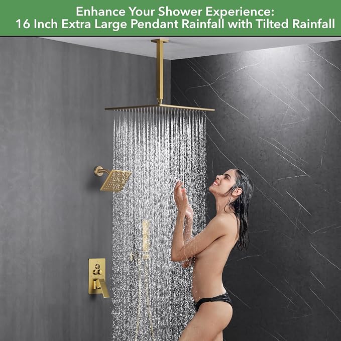 VANFOXLE Shower Faucet Set Brushed Gold Shower System, Push Button Diverter Shower Faucet with Trim Kit, Ceiling Mount 16 Inch Shower Head Increased Thick, 6 Inch Side Shower Head, 2-in-1 Handheld