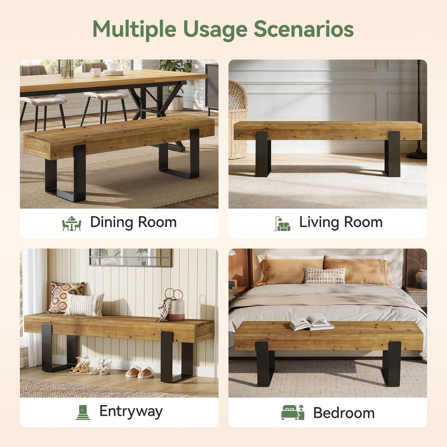 TRIBEWOOD Solid Wooden Entryway Bench, 63" Farmhouse Indoor Shoe Bench with Metal Legs, Industrial Long End of Bed Stool with Seating for Entry, Hallway, Porch, Living Room, Mudroom, Easy Assembly