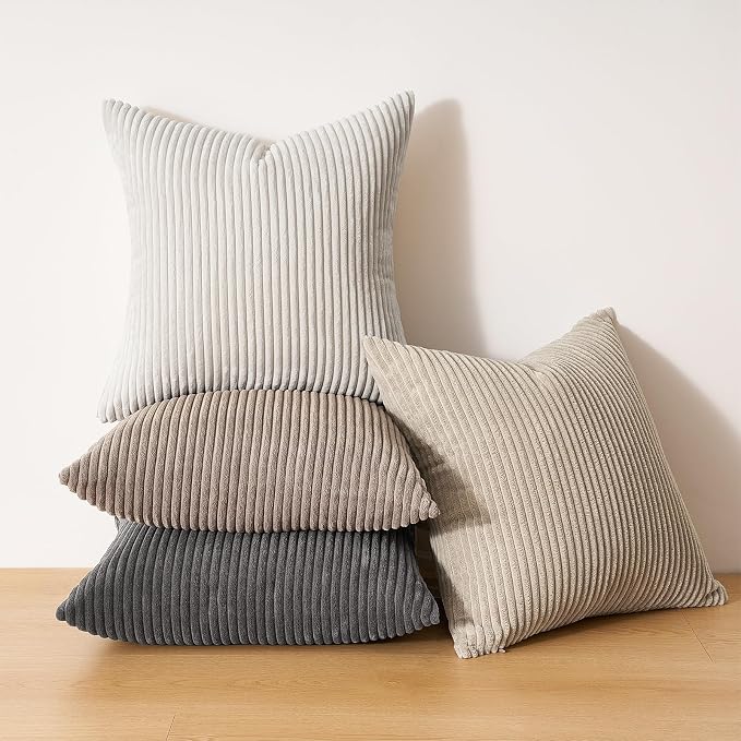 Topfinel 4 Packs Natural Decorative Throw Pillows Covers 16x16 Inch for Living Room Couch Bed Sofa, Rustic Farmhouse Boho Neutral Home Decor, Soft Plush Striped Corduroy Square Cushion Case 40x40 cm