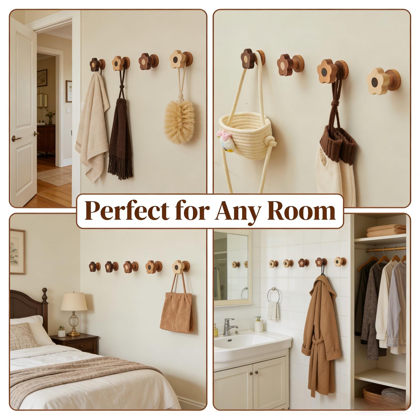 Kids Coat Hooks Wall Mount – Cute Flower Wooden Wall Hooks for Hanging Clothes, Purses, Robes, Towels, Backpacks – Modern Decorative Walnut Hangers for Girls’ Nursery, Bathroom, Entryway & Bedroom