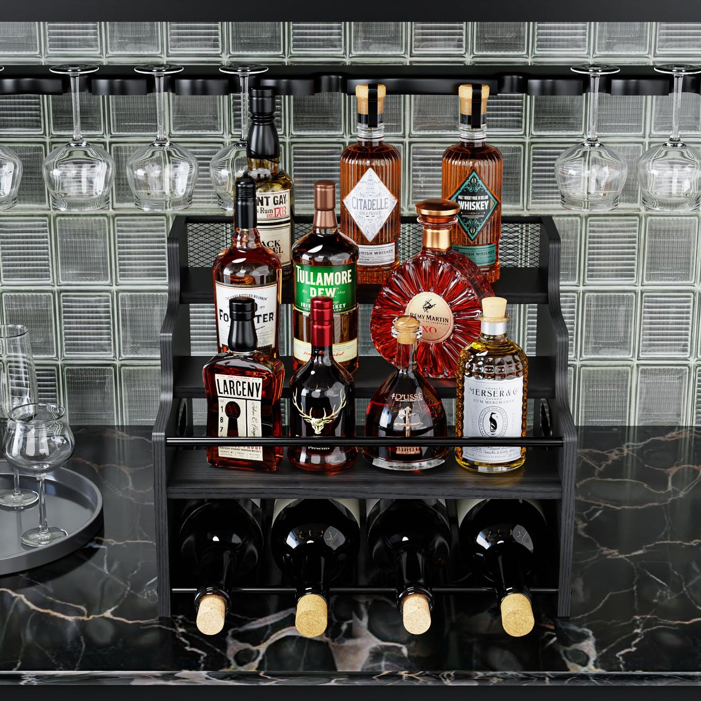 KLM 4-Tier Wood Display Shelf, Black Modern Bottle Organizer, Countertop Bar Stand for Liquor, Coffee Syrup, (Black)