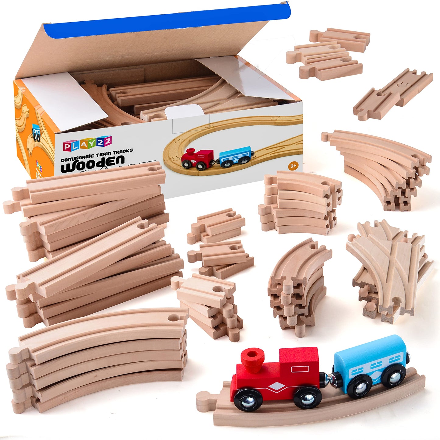 Wooden Train Tracks - 52 PCS Wooden Train Set + 2 Bonus Toy Trains - Train Sets For Kids - Car Train Toys Is Compatible With Thomas Wooden Railway Systems and All Major Brands - Original - By Play22