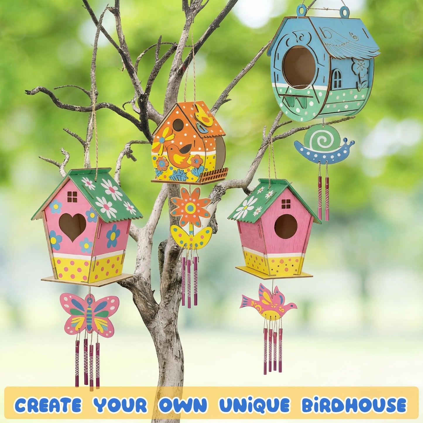 Sliner 4 Sets DIY Bird House Wind Chime Kit with Bird Feeder Build and Paint Unfinished Wood Birdhouses with Paints and Paintbrushes Art and Craft Kit for Party Favors Birthday Gifts