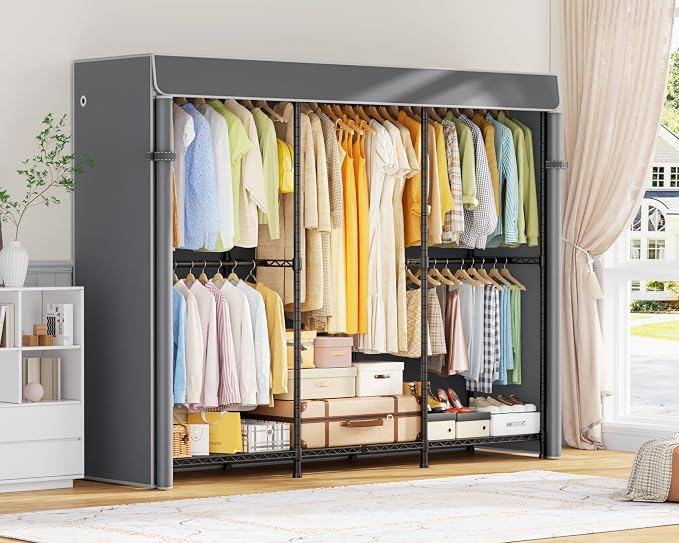 ULIFHOME E14C Pro Heavy Duty Closet Organizer System,Freestanding Clothing Racks for Hanging Clothes,Adjustable Garment Rack 69" W × 16" D × 77" H Hold 960 lbs,Black Rack with Grey Dustproof Cover