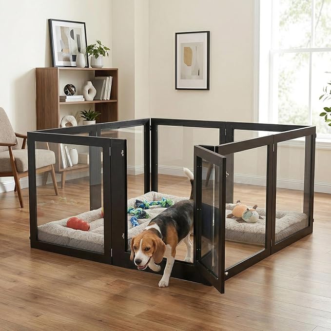 Heavy Duty Clear Acrylic Dog Playpen for Small/Medium Pets โ 32" High Clear Pet Pen with Sturdy Metal Frame, Walk-in Kennel, Expandable Indoor & Outdoor Pet Play Yard