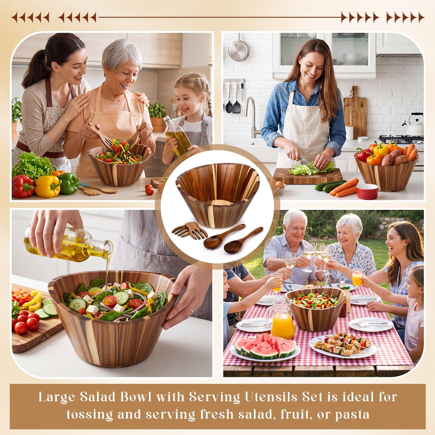 LemonRoad Wooden Salad Bowls Set 12 inch Wavy Large Acacia Wood Serving Bowl with 2 Wooden Hands 2 Utensils Fork Spoon for Fruit, Salad, Cereal, Corn flake, Pasta, Food (Wavy)