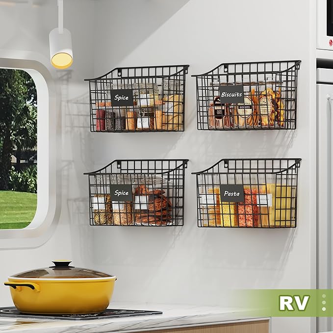 Wall Basket with Label Plate & 5 S-Hooks –4 Pack Hanging Wire Basket