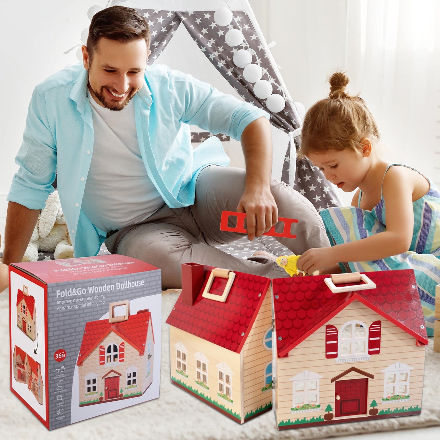 Foldable Wooden Dollhouse with 13PCS Furniture, 4 Rooms and 2 Flexible Dolls, Pretend Play Doll House Set with Portable Handle, Christmas Birthday Gift for Boys Girls Age 3+