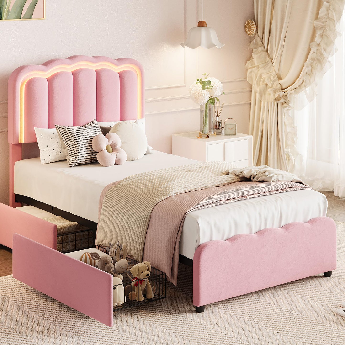 GarveeHome Twin LED Bed Frame, Kids Platform Bed with 2 Large Storage Drawers, Velvet Upholstered Princess Bed for Girls & Boys, Wooden Slats Support, No Box Spring Needed, Easy Assembly, Pink