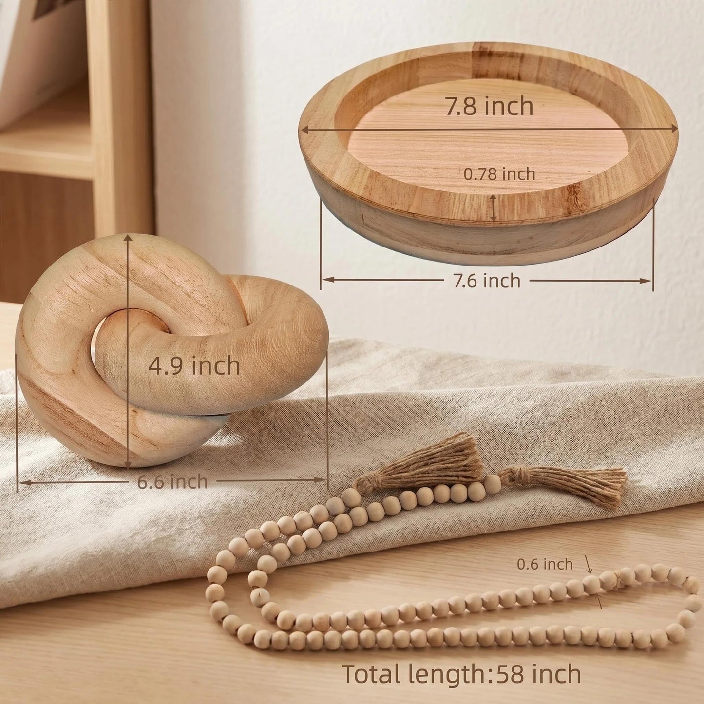 3 PCS Farmhouse Coffee Table Decor - Wooden Tray, Wood Knot Decor & Wood Bead Garland with Tassels, Ideal Tray Decor Items, Coffee Table, or Shelf Displays for Living Rooms, Bedrooms, or Entryways