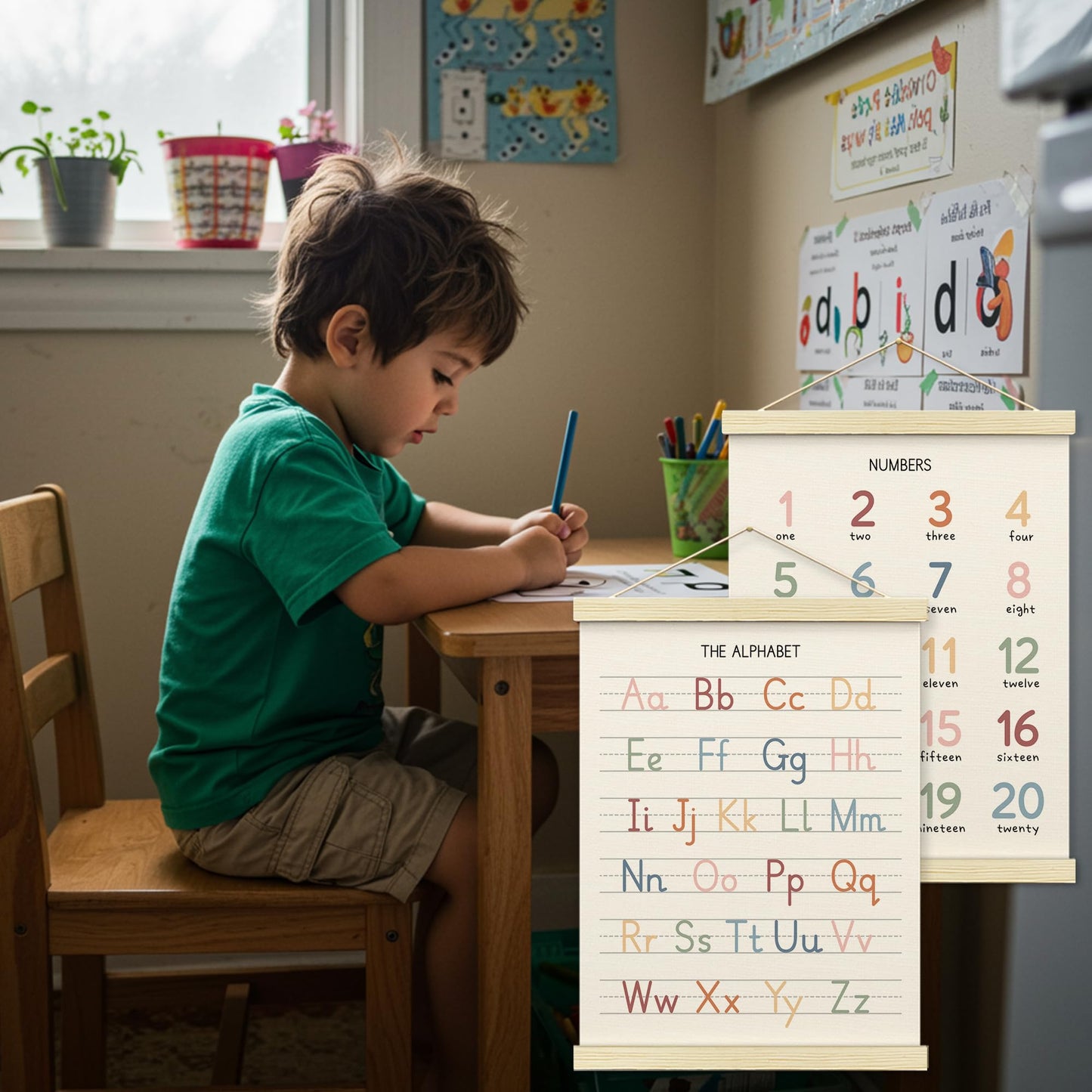 BONETAT Numbers alphabet poster for Nursery Toddlers, Play Room Wall Decor, ABC Wall Chart, Wall Hanging Decor for Toddler Playroom Decor Kids Wall Decor, Wooden Frame Alphabet Banner-A11