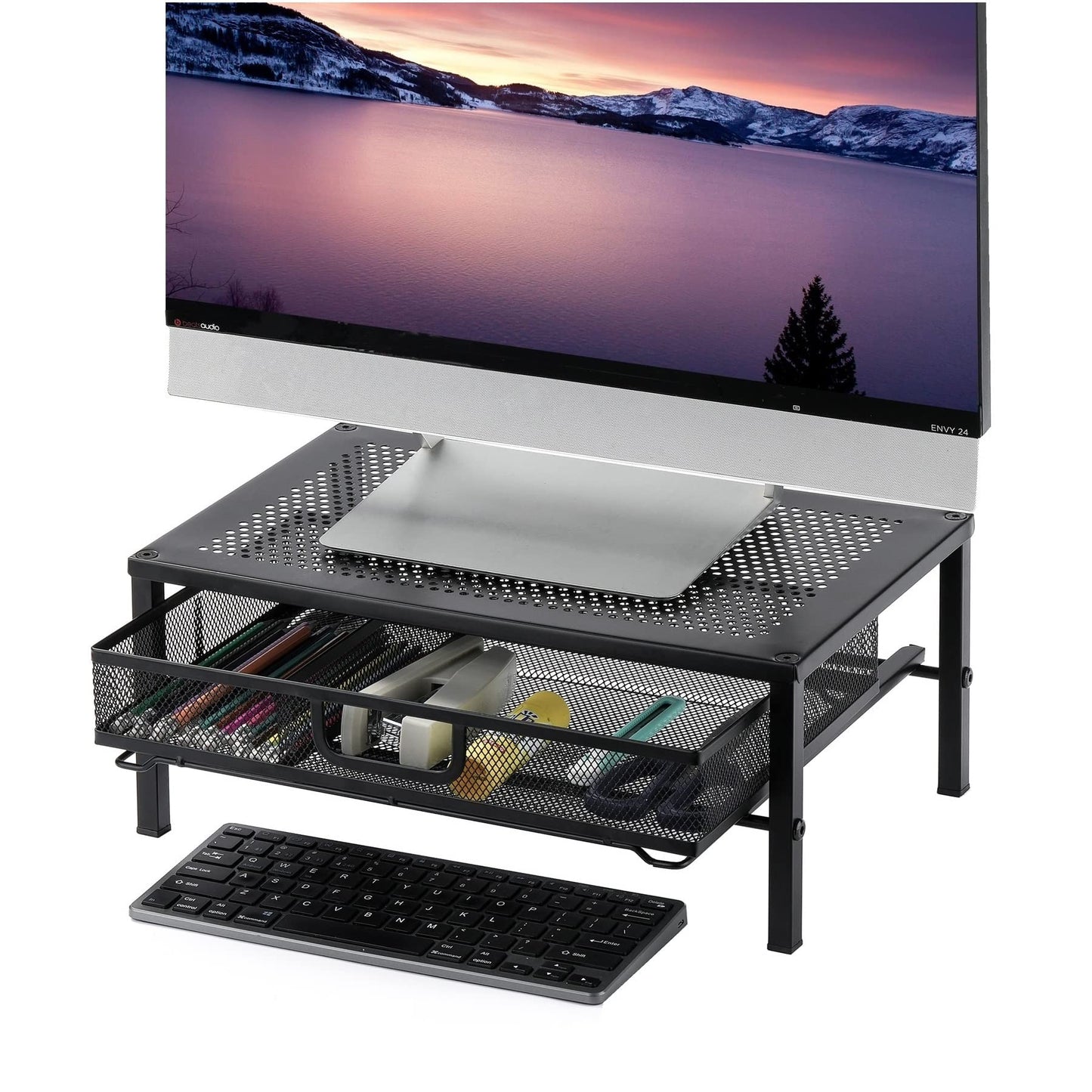 Mknana Metal Computer Stand for Desk,Monitor Riser with Drawer ,Desktop Stand for Laptop,Printer and Monitor,Black
