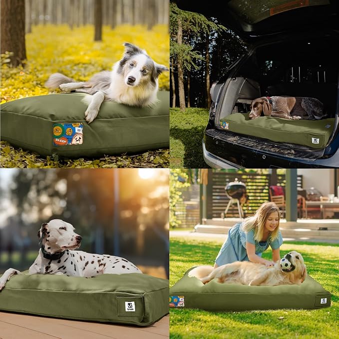 Sytopia 36 Inch Canvas Indestructible Outdoor Dog Bed for Large Dogs, Chew Proof Dog Bed with Waterproof Machine Washable Removable Cover, Durable Indoor Patio Pet Pad for Crate, Green