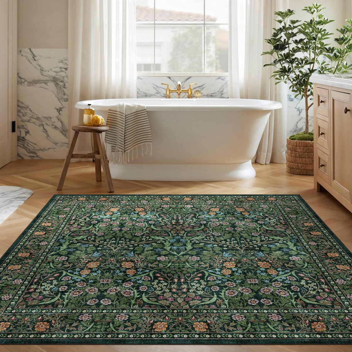 Othilic Moss Green 8x8 Square Rug - Soft Washable Boho Floral Living Room Rug Non Slip Stain Resistant Dark Forest Botanical 8' Square Area Rugs for Bedroom Guest Room Dining Room Rugs for Under Table