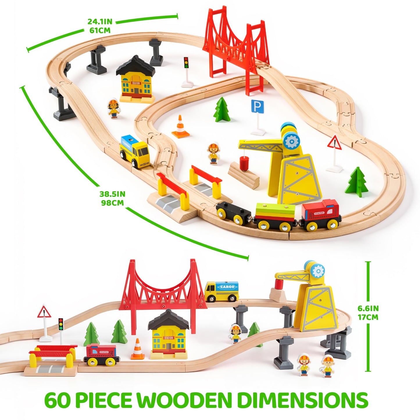 60PCS Wooden Train Set - Toy Magnetic Trains with Wooden Track Set for Kids Ages 3-8, Construction Crane Railway Set, Perfect Easter Birthday Gift for Grandkids Toddlers Boys Girls