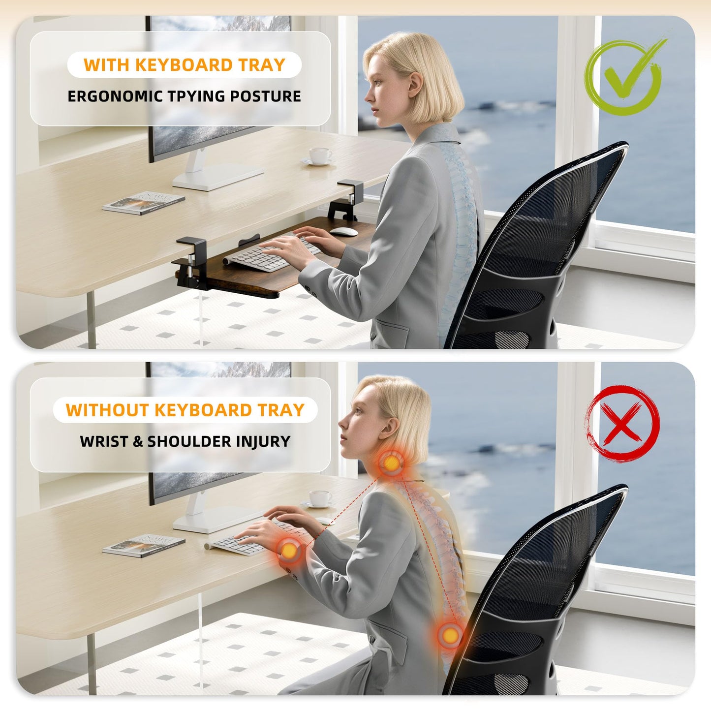 ERGOMAKER Keyboard Tray Under Desk, Pull Out Keyboard Tray with C Clamp Mount, 25.6" (29.7" Including Clamps) x 11.8" Slide-Out Platform Computer Drawer for Typing, Keyboard & Mouse Tray, Rustic Brown