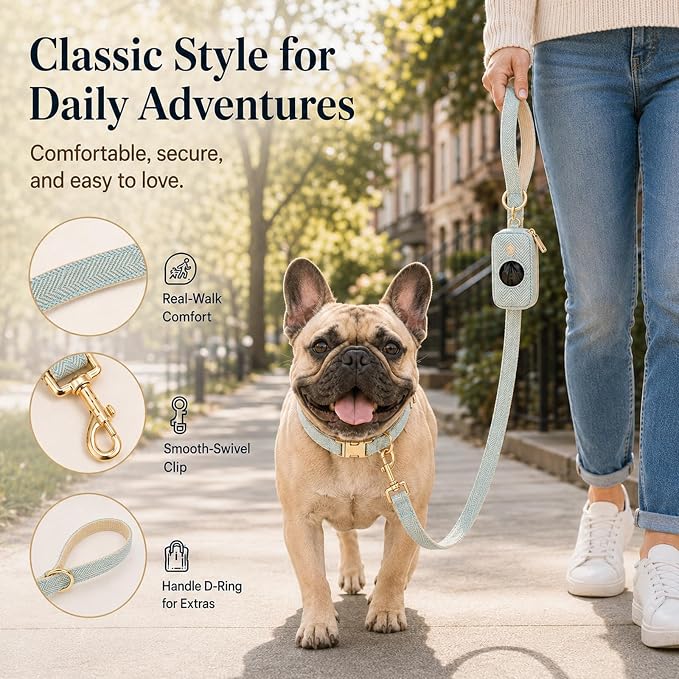 Herringbone Tweed Dog Collar and Leash Set for Medium Dogs, Light Blue | Snag-free, no-rub design. Soft breathable cotton, gentle on fur. Adjustable durable matching combo for walks & outdoors.
