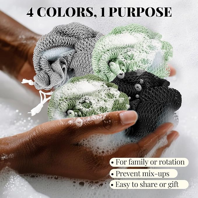 African Net Sponge Authentic-4 Packs African Exfoliating Net Sponge,Bath Sponges for Shower,42 inch Long for Normal to Sensitive Skin,Body Exfoliator Shower(Green,Olive Green,Light Gray,Black)