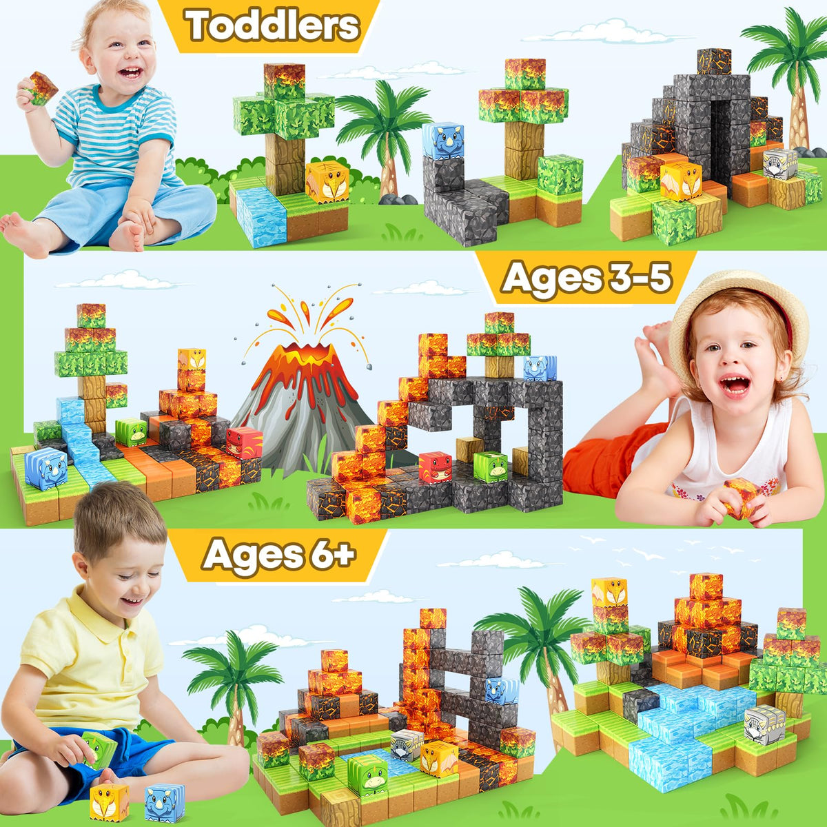 Dinosaur Toys Magnetic Blocks-Build Mine Magnet World Volcano Edition Kids Toy for 3+ Year Old Boys and Girls Building Blocks Toddler Toys Games Through Jurassic Learning Sensory Toy Gifts