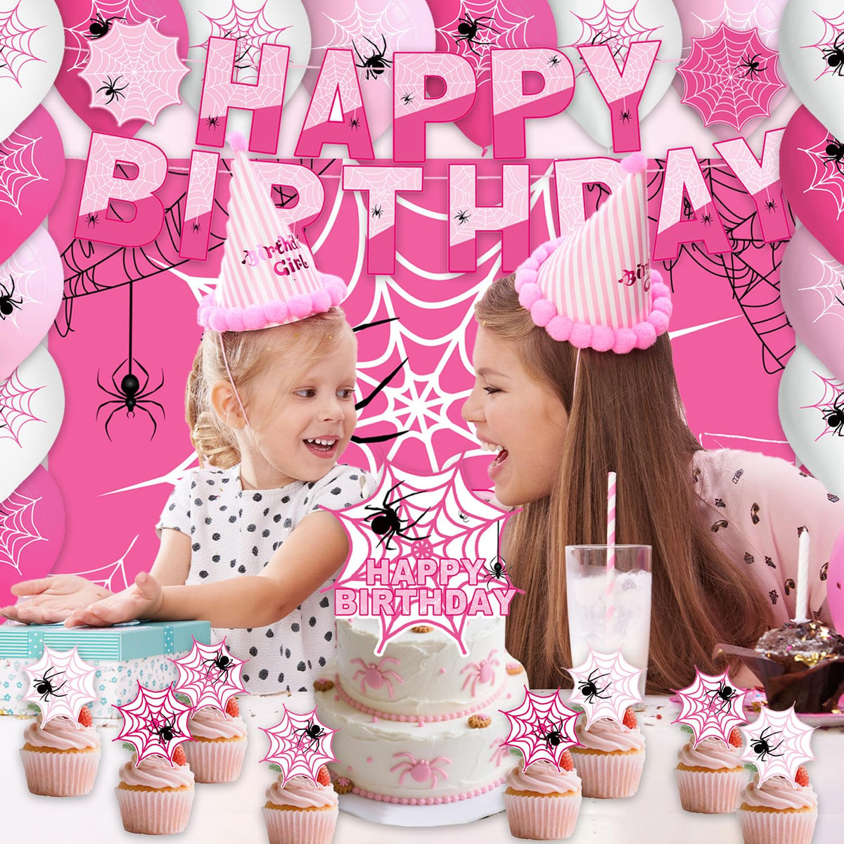42Pack Spider Theme Party decoration pack include Banner,Cake Toppers,Balloons,Blackdrop for Spider Theme Birthdday Party Decoration