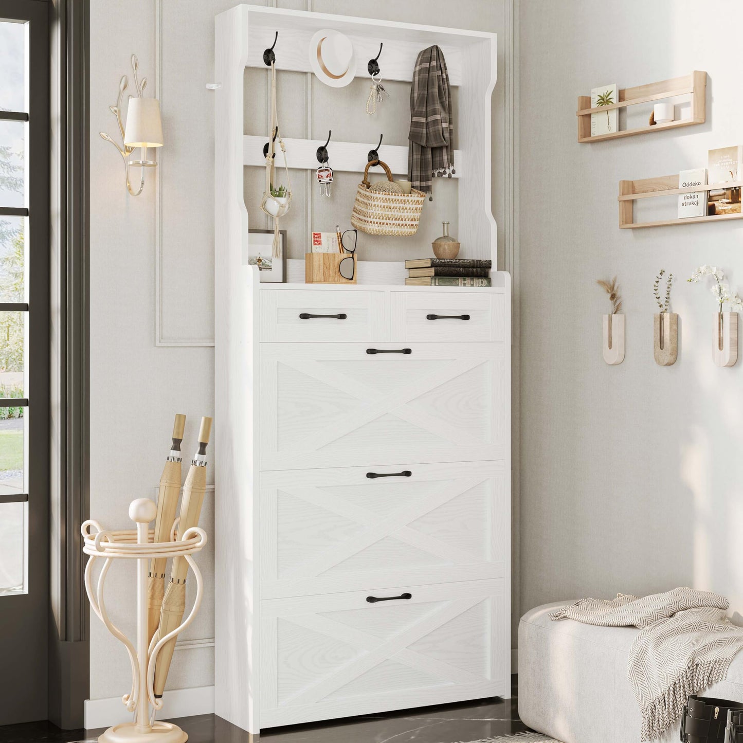 IRONCK Shoe Cabinet Storage with 3 Flip Drawers and Coat Rack, Free Standing Wooden Narrow Shoe Storage Organizer Shoe Rack Cabinet with for Entryway, White