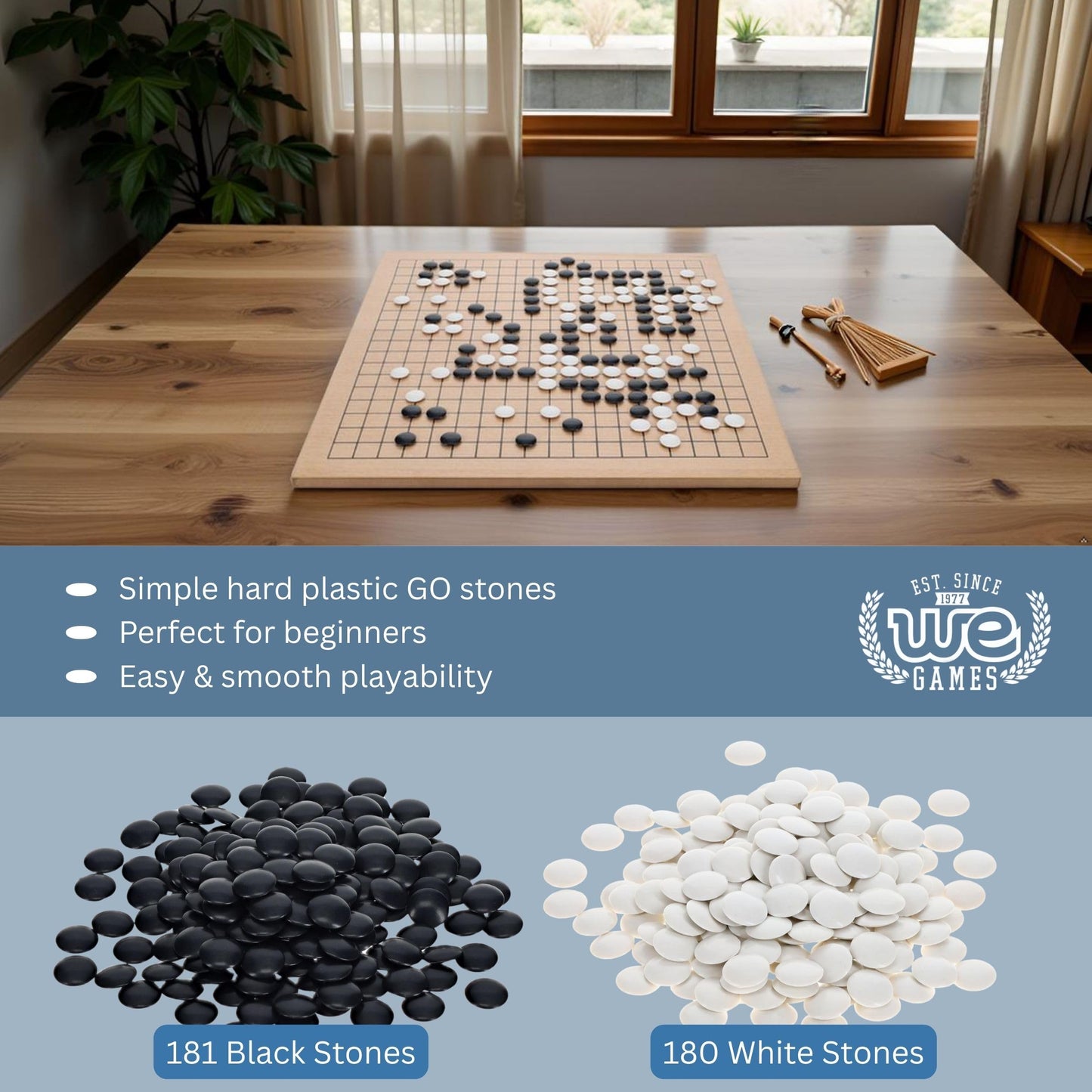 WE Games Go Game Set 11.75 Inch - Traditional Go Set with Light Wooden Board 19 Tiles, Wood Veneer Goban, Strategy Board Games for Adults, Go Board Game 19x19 Tiles