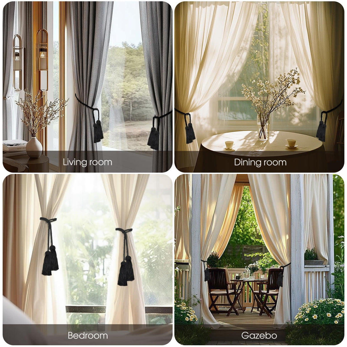 4 Pack Curtain Tassel Tiebacks, Curtains Tie Back Rope with Tassels, Handmade Decorative Curtain Holdbacks for Window Drapes - Black
