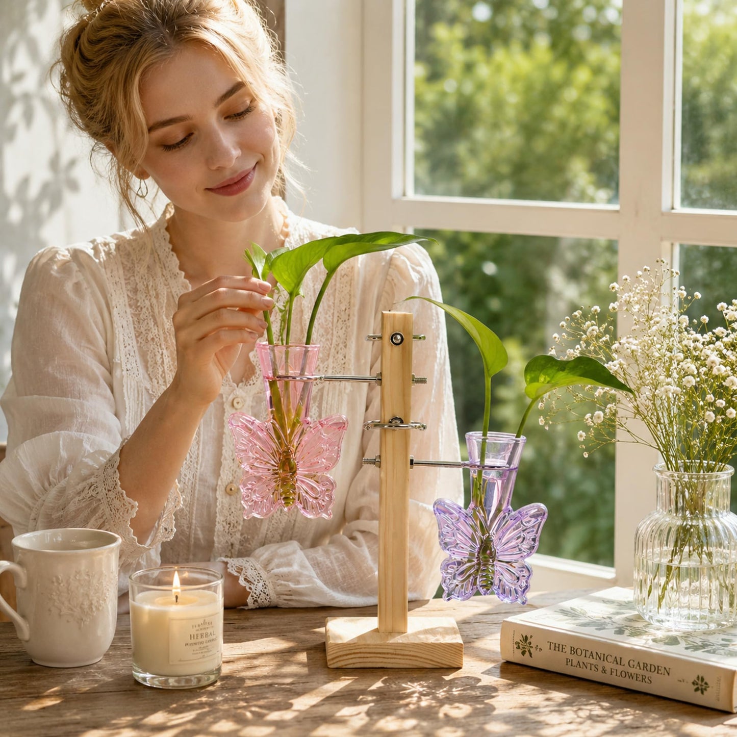 Nacome Plant Terrarium Propagation Stations: Colored Vase with Wooden Stand
