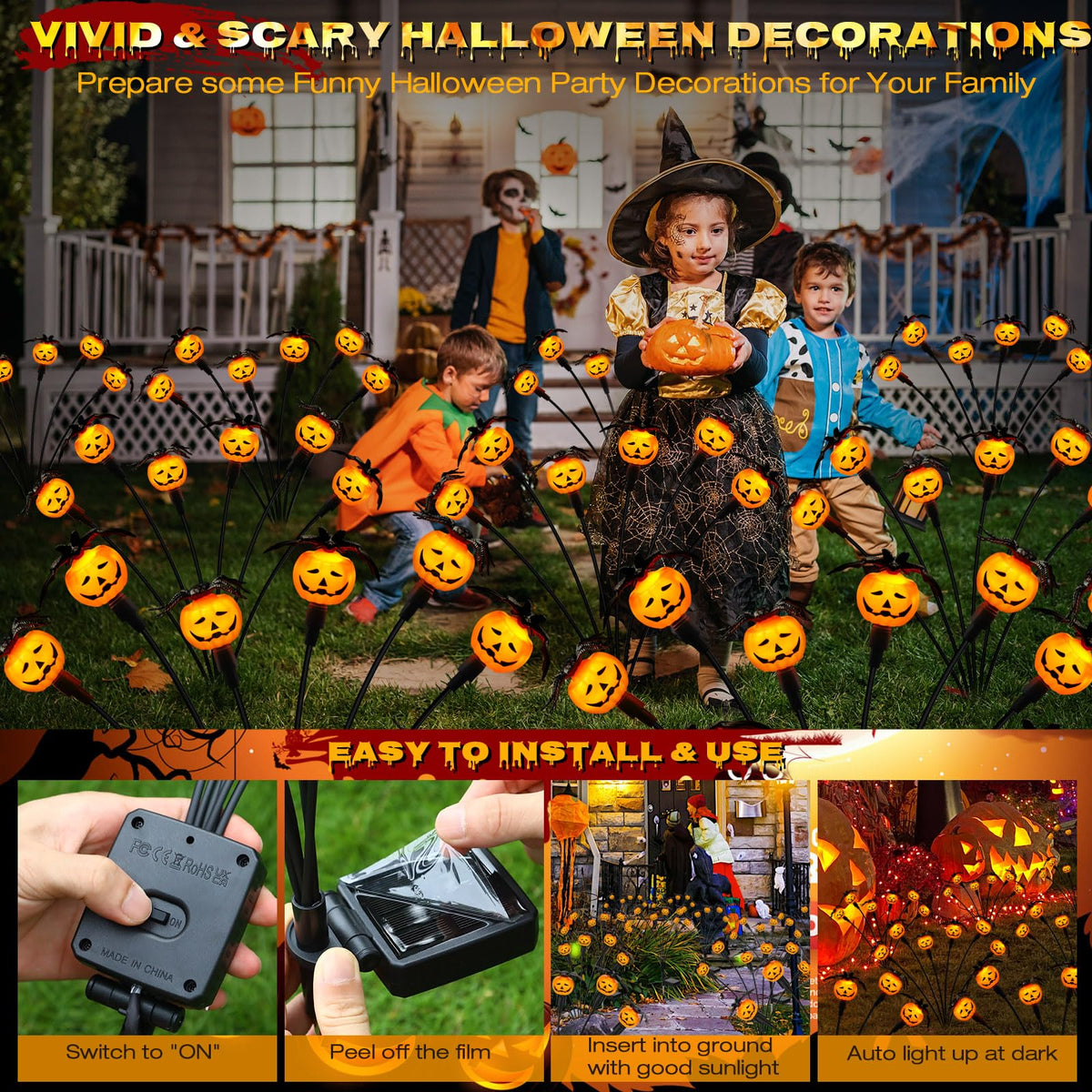 Weepong Halloween Decorations Outdoor 4 Pack Solar Lights, 24 LED Scary Pumpkin Swaying Firefly Lights with Spider & Bats for Outside Garden Yard Lawn Grave Cemetery Ghost Decor Party, Orange