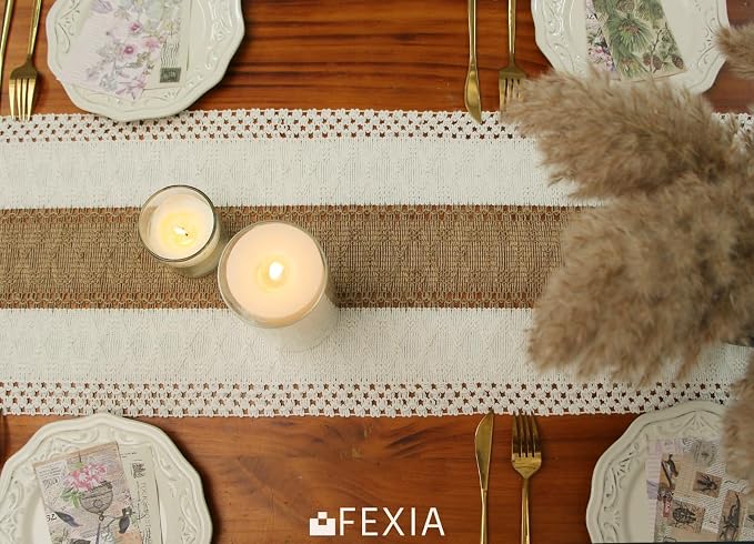 FEXIA Boho Table Runner for Home Coffee Decor 36 Inches Long Farmhouse Rustic Table Runner Macrame Burlap Centerpieces for Tables Decoration for Kitchen Bedroom Decor Bridal Shower (12x36 Inches)