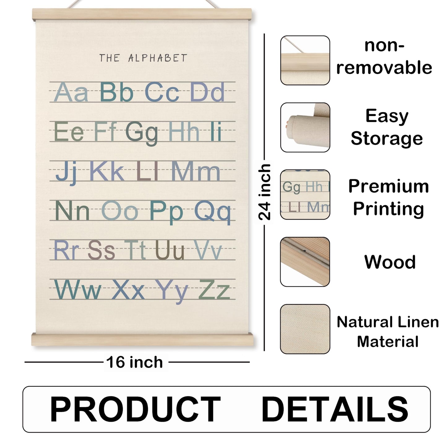 HRQKO Alphabet Numbers Poster Hanger Frame Set of 2, Nursery Wall Decor, Boho ABC Poster Wall Art with Wooden Frames, Alphabet Banner Wall Hanging Decor for Boy Toddler Room Playroom, 16x24 inch
