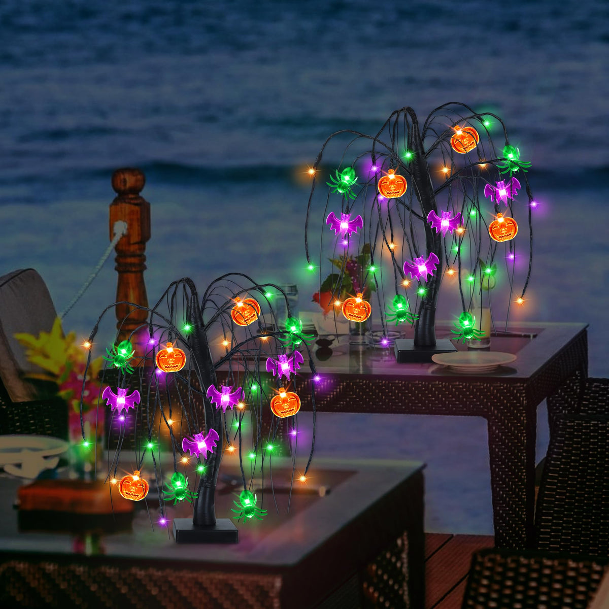Halloween Table Decor 18 Inch 36 LED Halloween Willow Tree with Pumpkin Bat Spider Lights, Timer/USB/Battery Operated Black Halloween Tree Spooky Halloween Decorations Indoor for Home Party Room Gifts