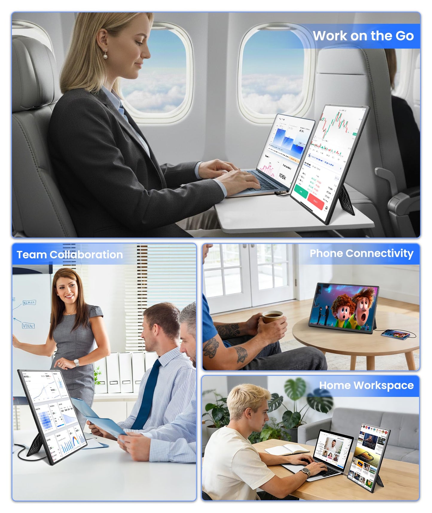 Orfibz Portable Monitor, 16" 1200P FHD Laptop Screen Extender, Detachable Horizontal/Vertical Monitor, Plug & Play Dual Travel Monitor Build-in Speaker for Laptop/Mac/Windows
