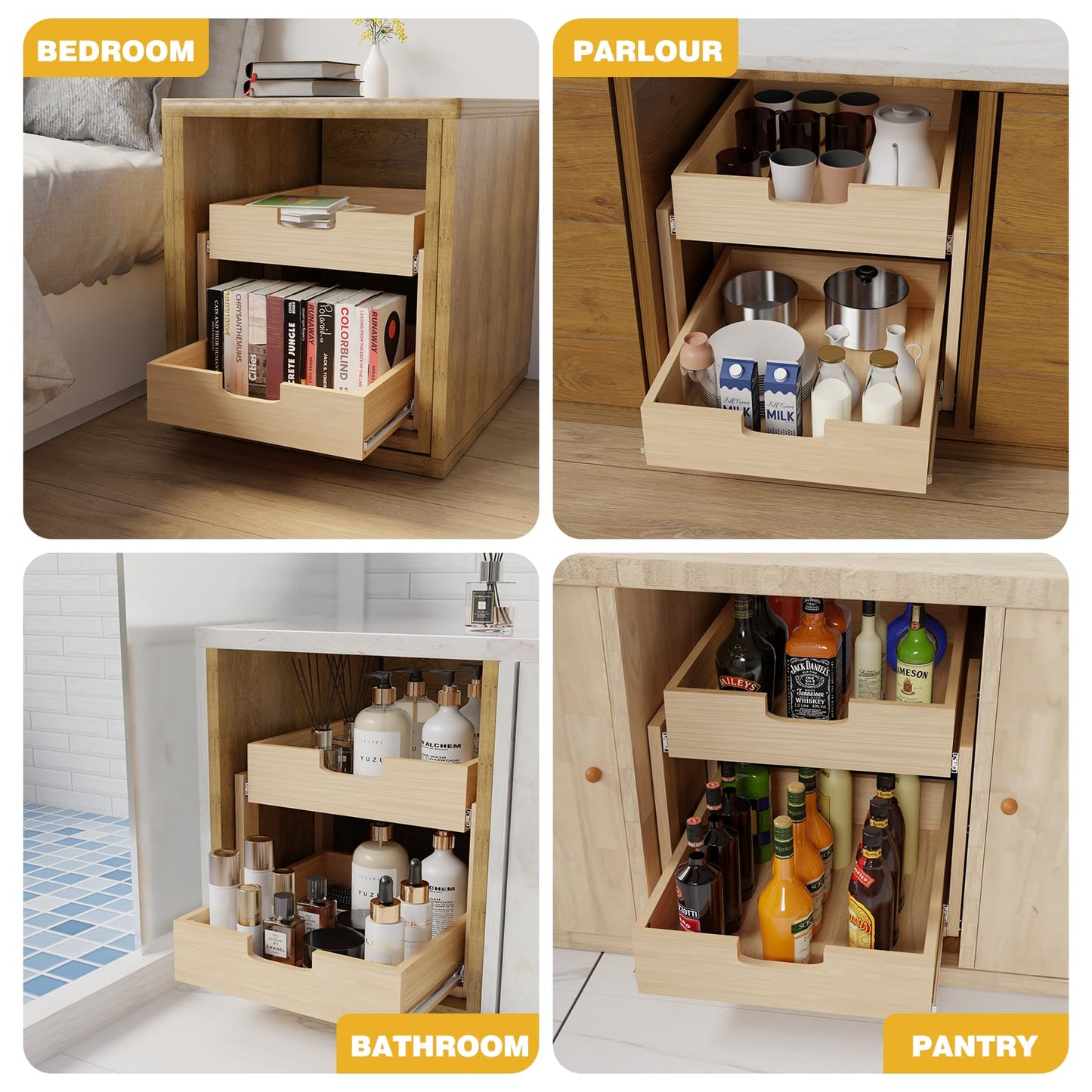 Pull Out Cabinet Organizer, 26''W×21''D×16''H Soft Close Slide Out Wooden Pull out Drawers, Double Tier Slide out Wood Cabinet Organizer, for Base Cabinet Organization in Kitchen, Pantry, Bathroom