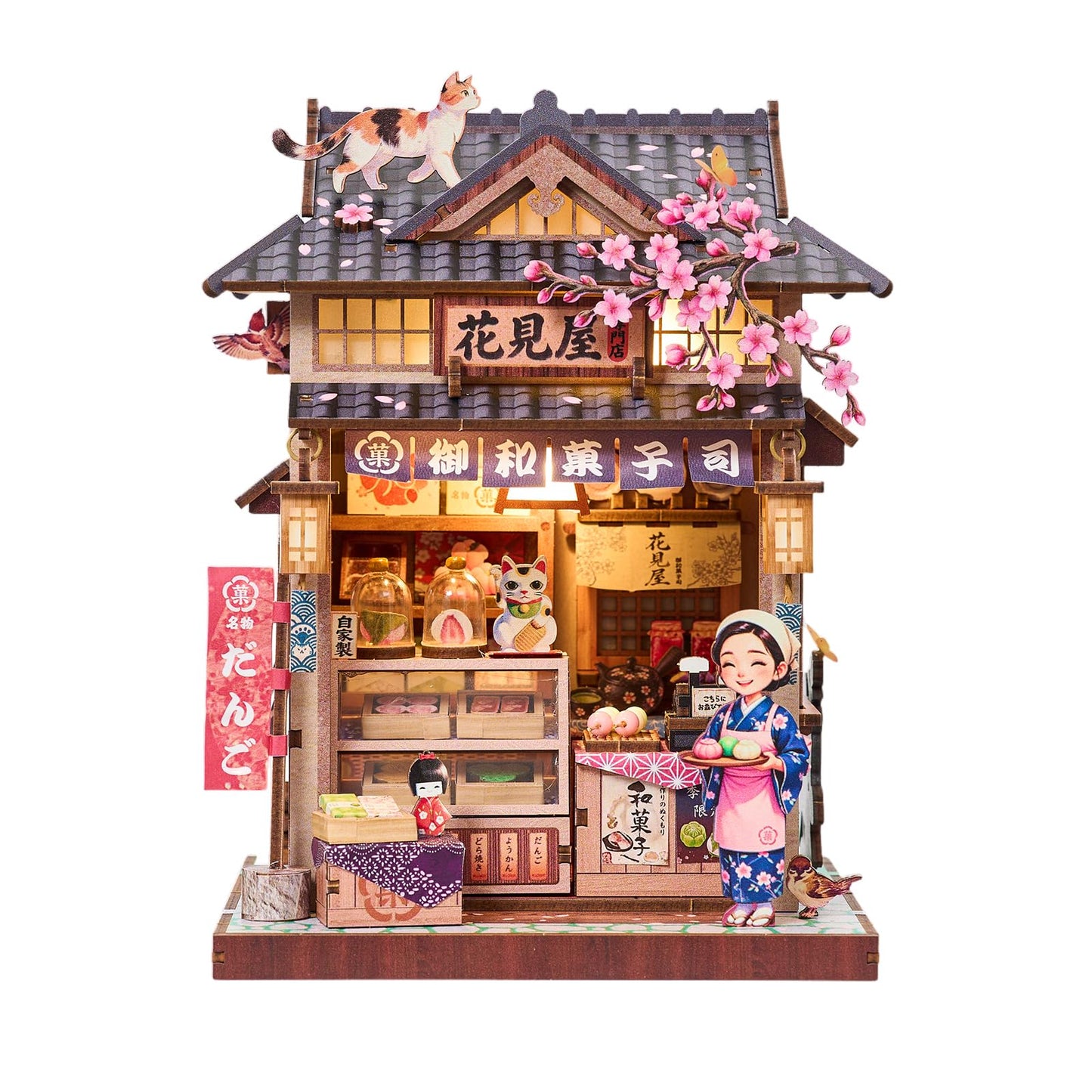 DIY Miniature Dollhouse Kit, Japanese Wagashi Shop 3D Wooden Puzzle with LED Light, Cherry Blossoms & Furniture, Cozy Home Decor, Relaxing Craft Hobby for Adults,Hanamiya