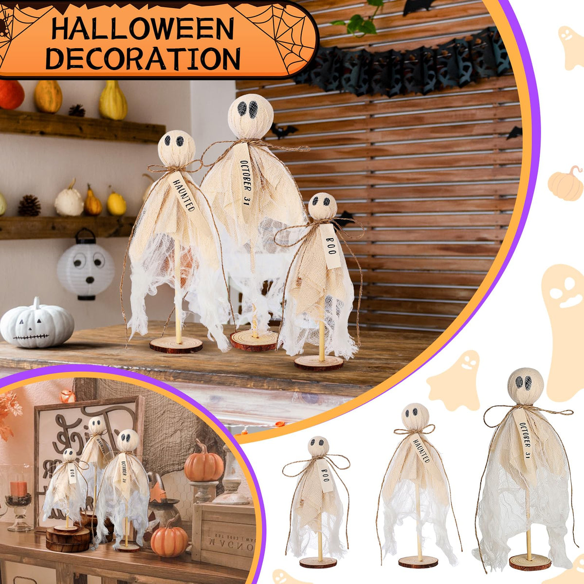 AMDBHC Summerween Decoration Halloween Decorations Indoor - 3 Set of Primitive Ghosts on Wooden Stand for Table Centerpieces Tiered Trays Shelves Mantels Home Halloween Décor