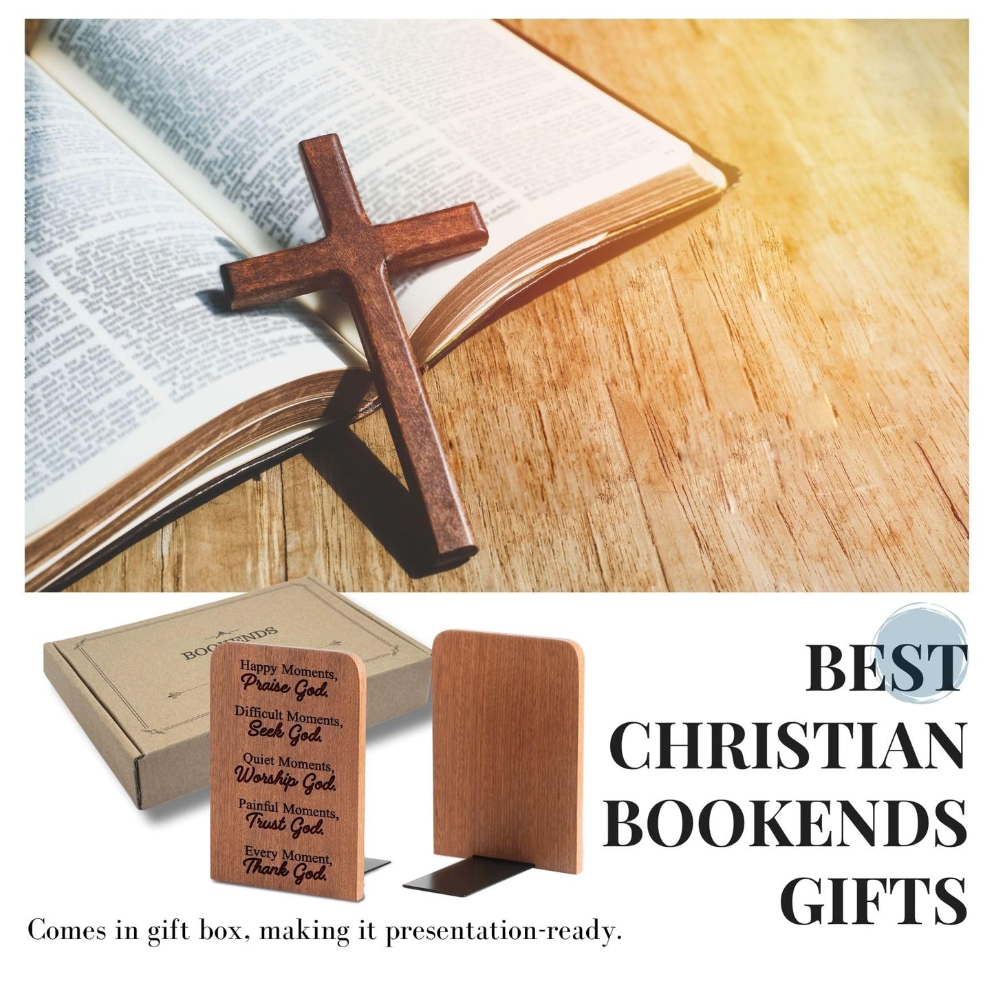 Christian Book Ends, Religious Book Ends, Christian Gifts for Women Men, Novelty Bookends Unique, Heavy Duty Wooden Bookends for Shelves Decorative(1 Pair, 4.72x6.69 Inches) - Moment