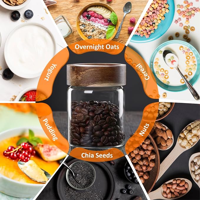 18 oz/550 ml Clear Glass Storage Canister with Airtight Wooden Lid, Small Overnight Oats Containers, Cute Decorative Salad Jar for Snacks Yogurt Spice Sugar Cereal Fruit Coffee Tea -4 Pack
