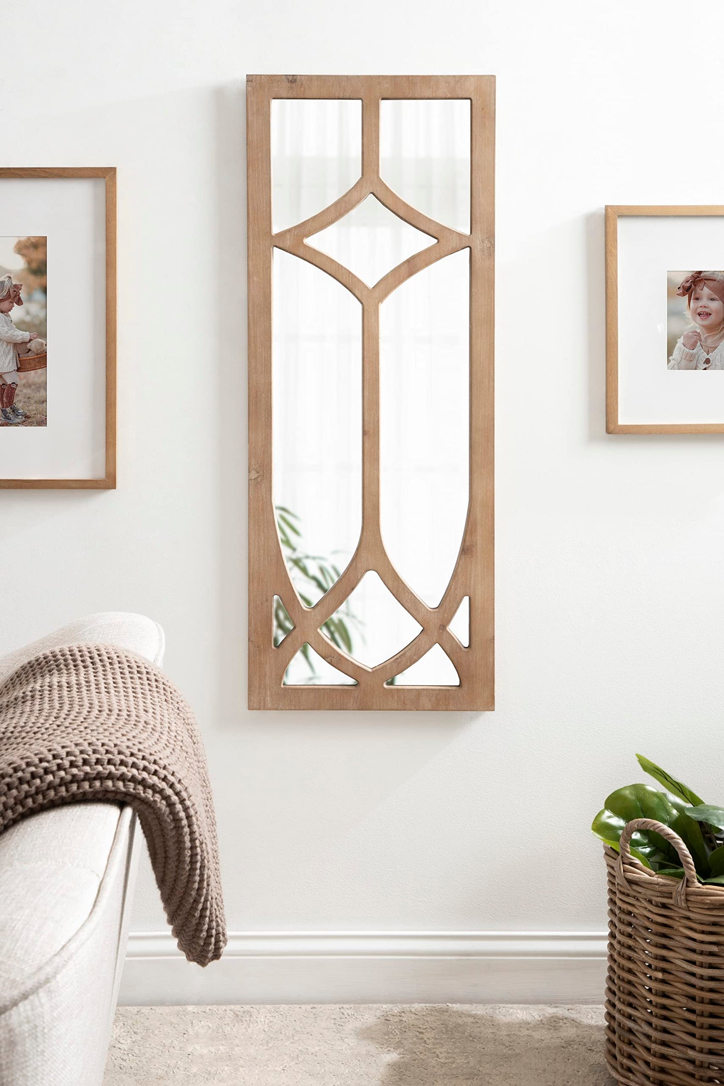 Kate and Laurel Pierette Windowpane Mirror, 16 x 42, Natural Wood, Tall Framed Cathedral Arched Wooden Overlay Mirror