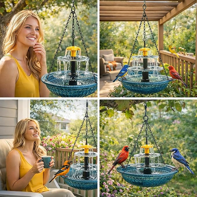 Solar Powered Hanging Bird Bath, Vibrant Blue Multi-Tier Waterfall Fountain for Outside, Easy to Hang Bird Oasis for Garden Decoration, Balcony, for Bird Lovers (Red)