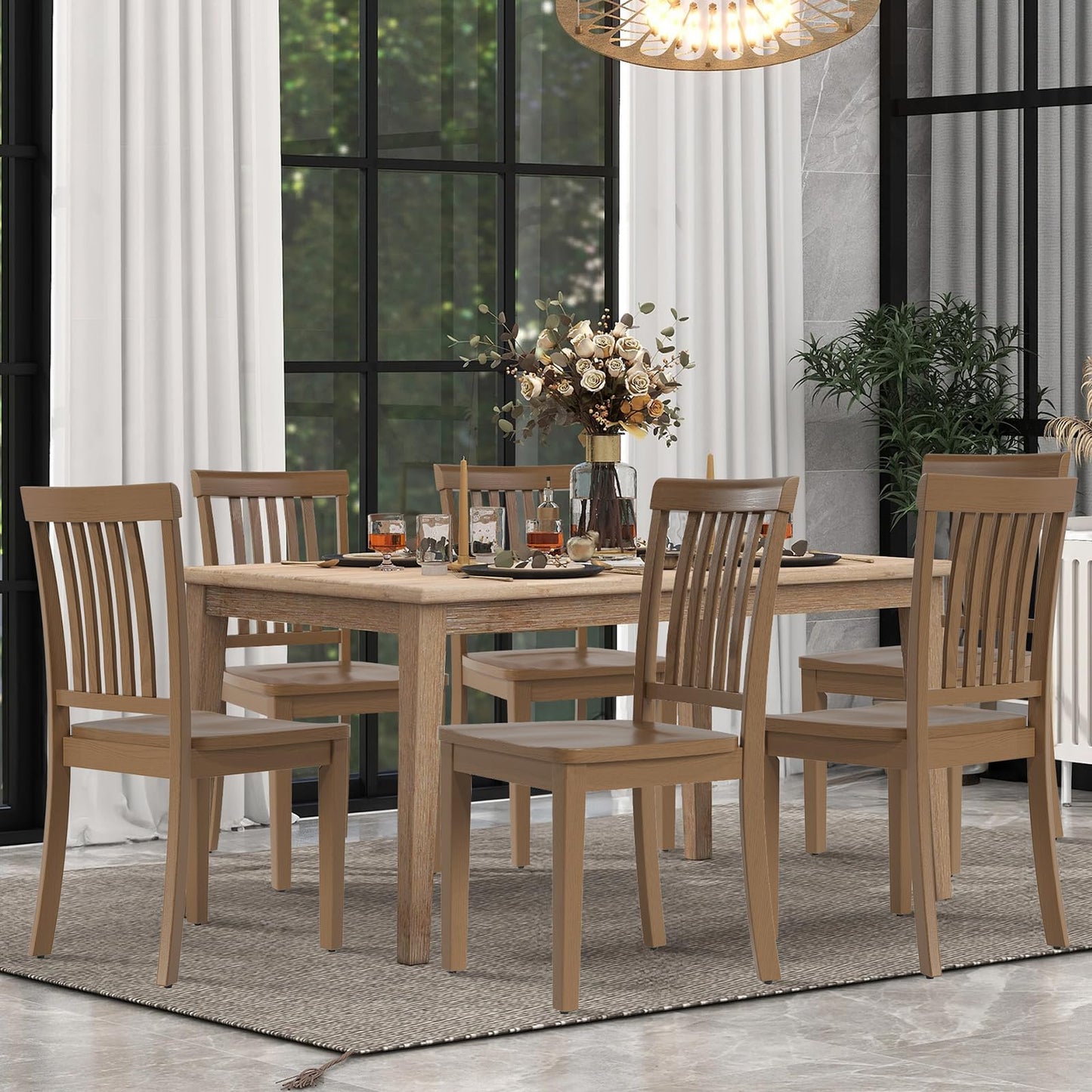 COLAMY Wooden Dining Chairs Set of 2, Solid Rubberwood Kitchen & Dining Room Chairs, Farmhouse Rustic Side Chairs for Dining Table, Anti-Slip Protection, Classic Windsor Style Seating, Oak Light Brown