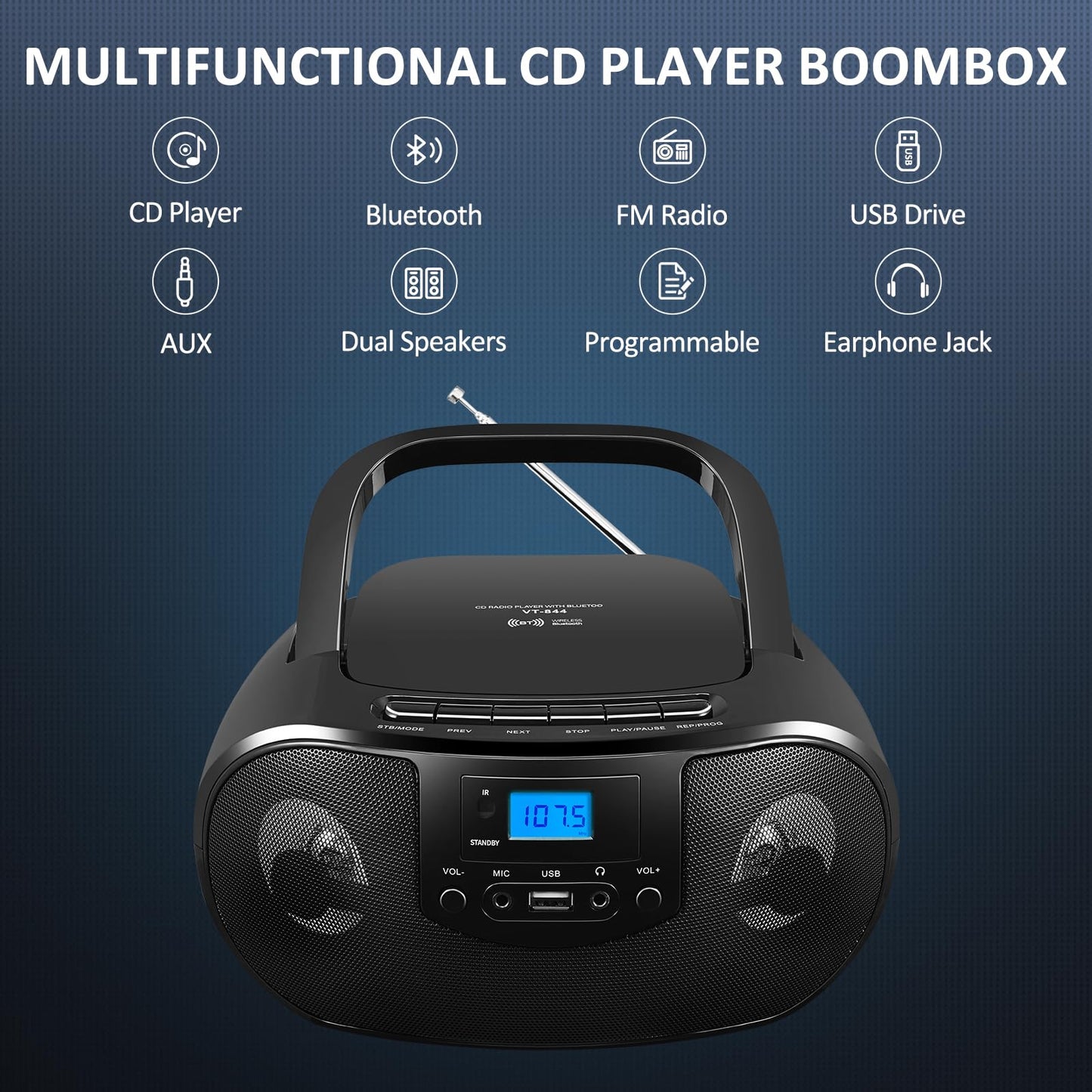 Portable CD Player Boombox with FM Radio, Top Loading CD Stereo Boom Box for Home, Bluetooth, Remote Control, LED Light, Headphone/Mic Jack, Support CD-R/RW/MP3-CD, USB, LCD Display, Black