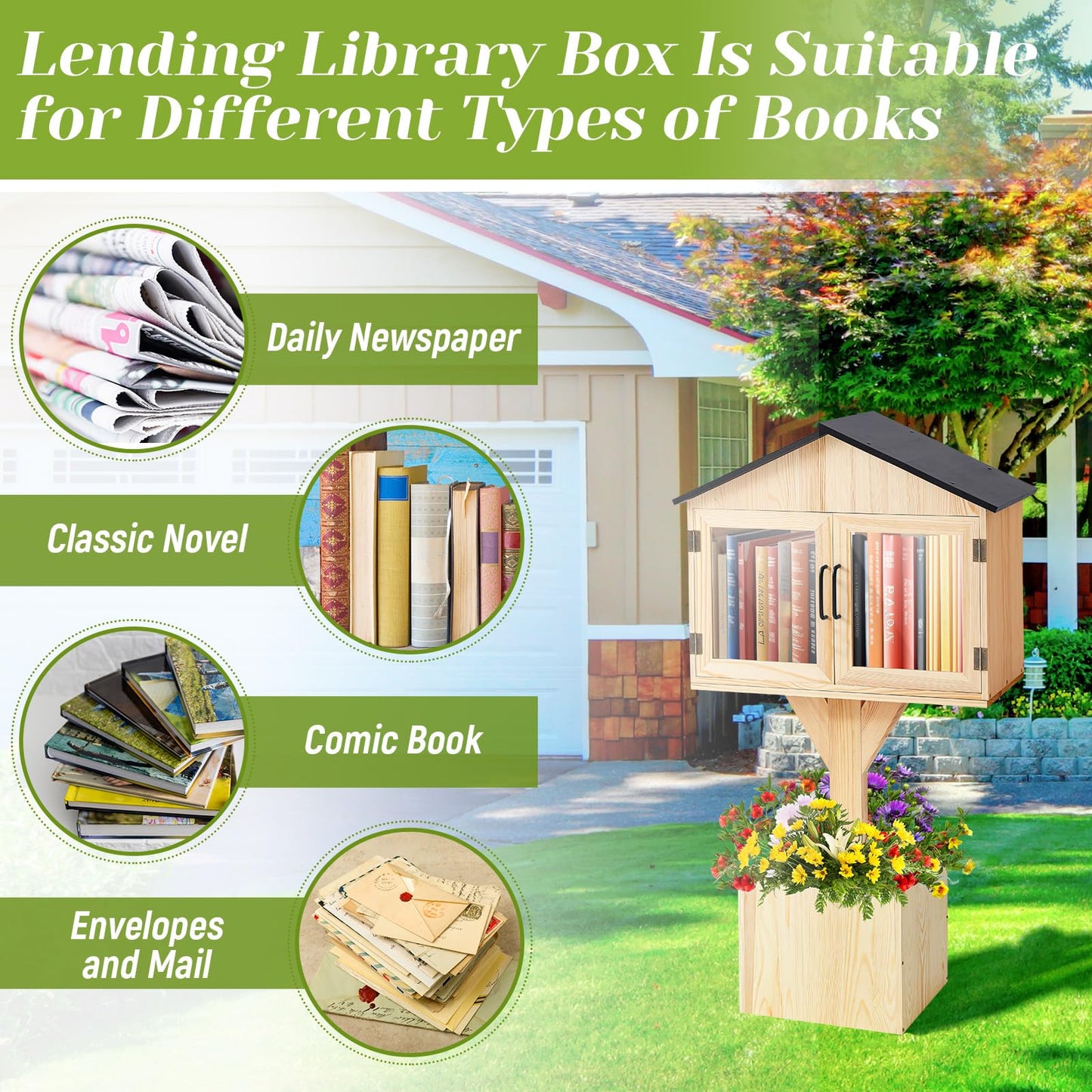 Wonderjune Little Library Box Outdoor Free Library Kit -Durable Weatherproof Solid Wood Book Exchange Box with Floor Plugs and Small Flower Fence for Neighborhoods, Community, Literature, Newspapers
