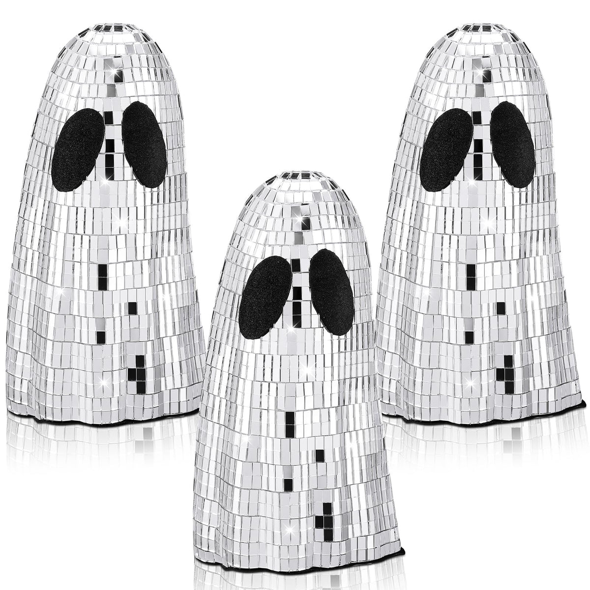 Gemscream 3 Pcs Halloween Disco Ghost Decor 5.9 Inch Silver Mirror Disco Balls Table Decoration Silver Glitter Spooky Ghost Sign Halloween Tiered Tray Decor Mosaic Table Centerpiece for Party Gift