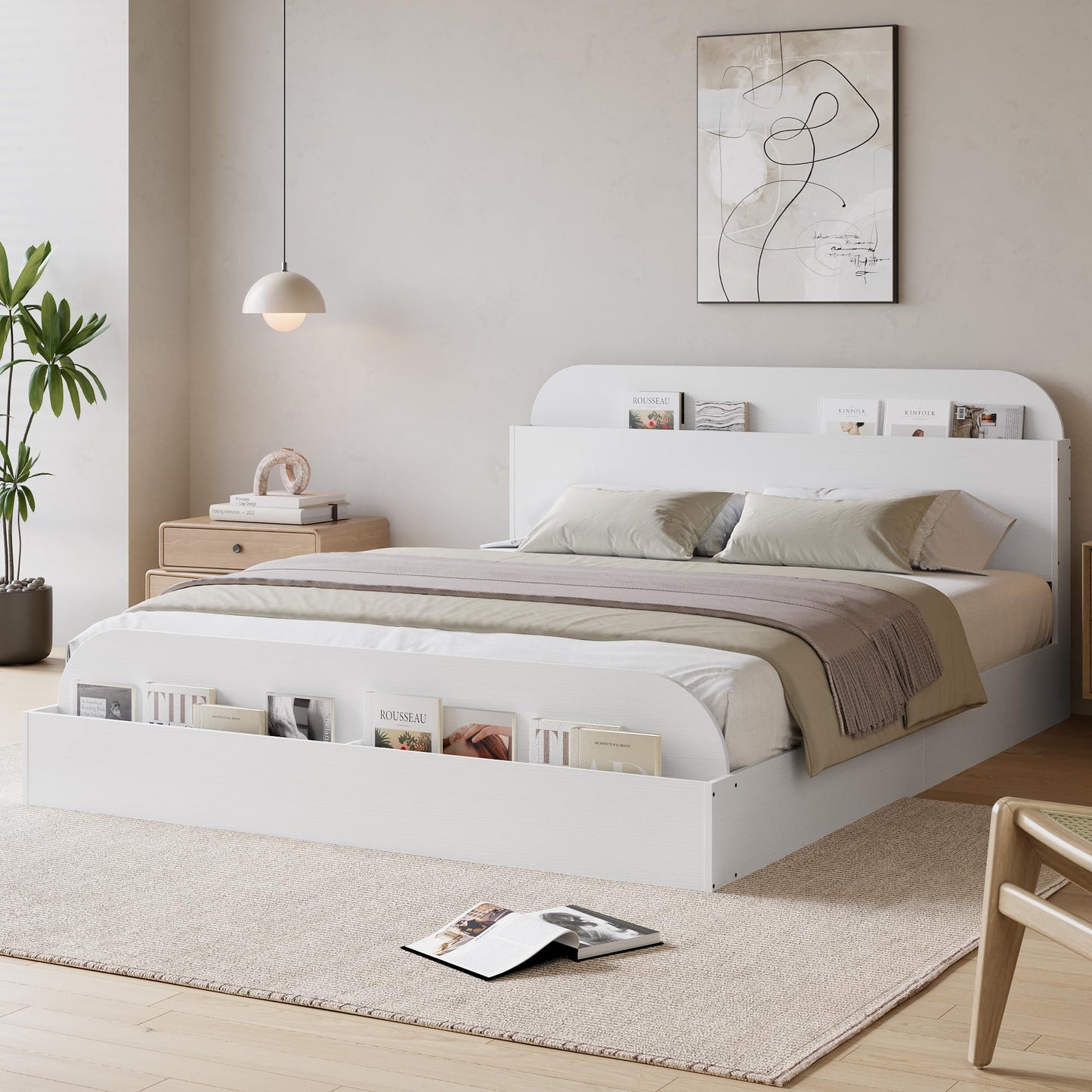 GarveeHome Queen Size Bed Frame, Wooden Beds with Storage Headboard and Raised-Foodboard, Queen-Floor Low Platform Bed for Bedroom, Sturdy Wooden Slats Support, No Box Spring Needed, White
