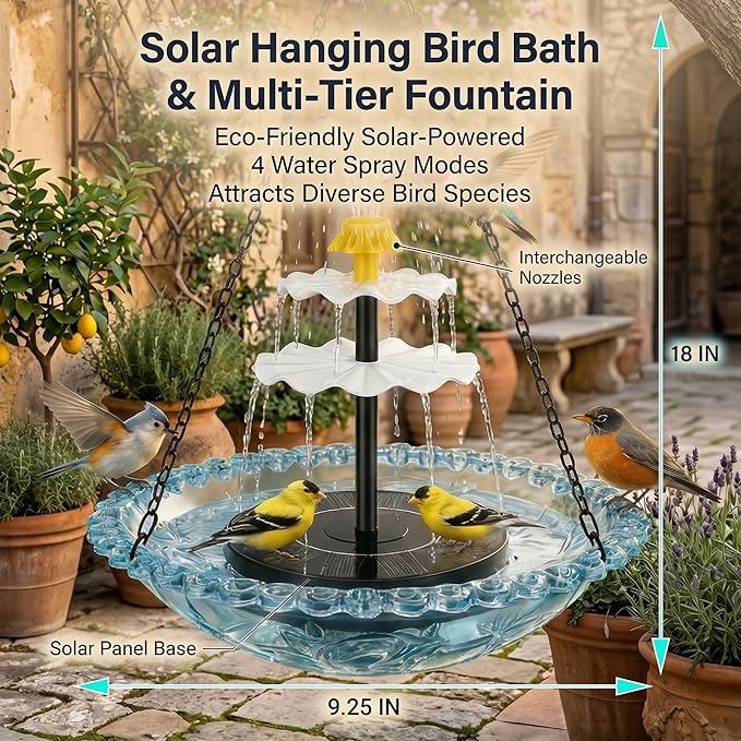 Solar Cascade Hanging Bird Bath Fountain, Solar Fountain Pump with 8 Nozzles, Hanging Bird Bath with Water for Outdoors Garden Patio Backyard Lawn Decor (Blue)
