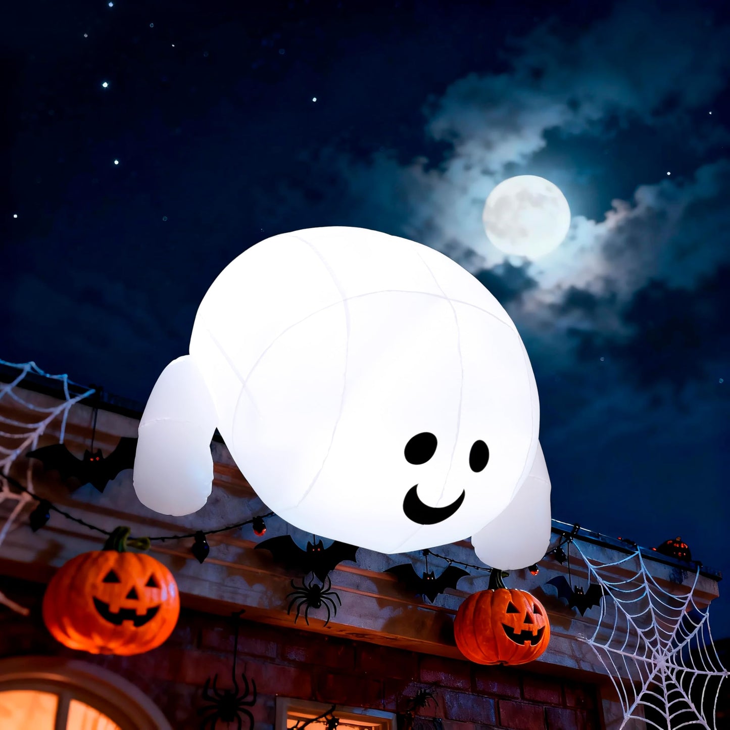 JOYIN Halloween Inflatable Outdoor Decorations, 4.5ft Inflatable Cute Ghost Decoration Lying On The Roof with LEDs, Halloween Blow Up Yard Decor for Parties Roof Decor