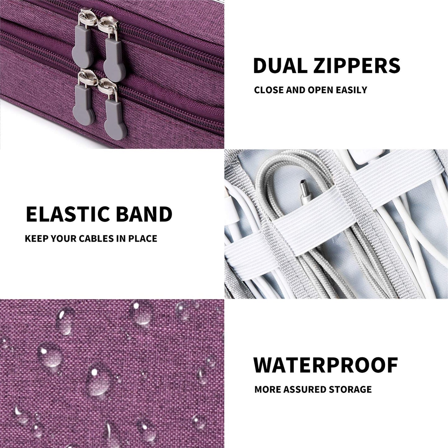 mygreen Electronics Travel Organizer Storage Bag, Double Layer Universal Traveling Gear Accessories Carrying Cover Pouch for iPad Mini Cables Phone Chargers Adapter Flash Hard Drive and More Purple